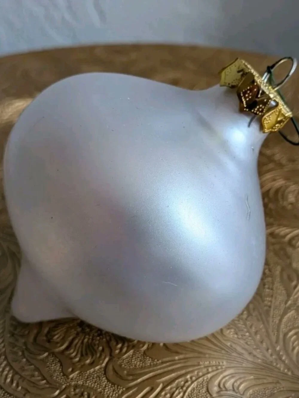 Vintage Frosted Translucent White Glass Teardrop Christmas Ornament Gold Cap 5